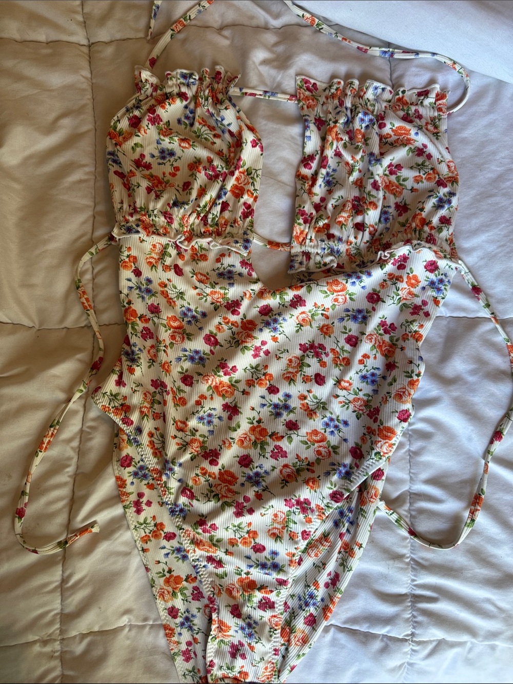 Floral Cutout One-Piece Swimsuit in Cream with Orange & Pink Flowers